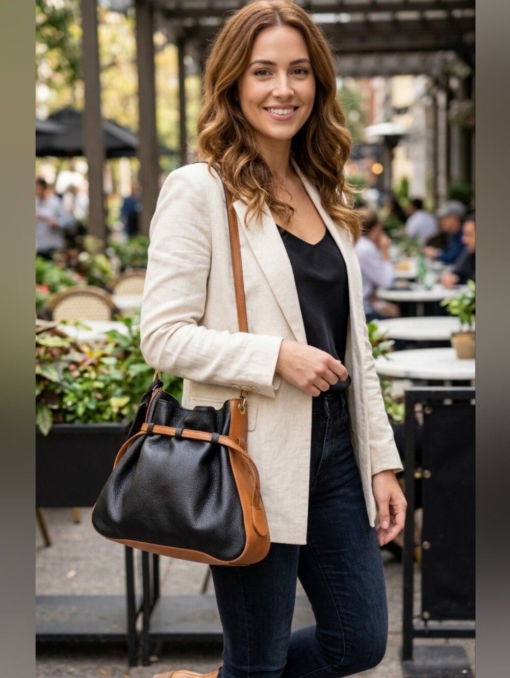 Valentina Black and Tan Women's Leather Drawstring Shoulder Bag